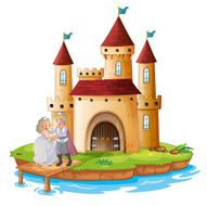 Prince and princess in front of the castle