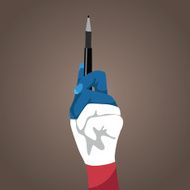Red white and blue hand holding up pen