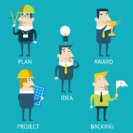 Businessman Cartoon Characters Business and Marketing Idea Steps Icons Set