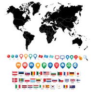detailed outline world map with various icons