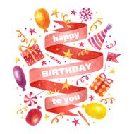 Birthday watercolor card with ribbon and party objects