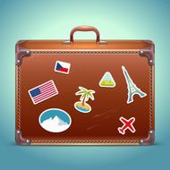 Vector Leather Suitcase with Travel Stickers