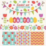 Easter set of design elements - patterns label border garland