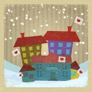 Collection of houses with flags and hearts on vintage background