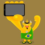 Brazilian football freak character holding mobile device