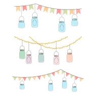 Vector Set of Hanging Glass Jar Lights and Bunting