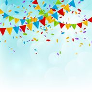 Party flags with color confetti on bly sky