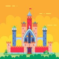 Cartoon Magic Fairytale Castle Flat Design Icon Summer Landscape Background N2