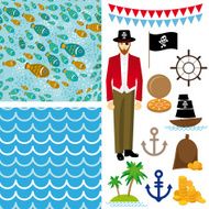 Cute pirate objects collection seamless background vector N2