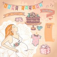 Graphic set with pregnant woman and baby shower elements N2