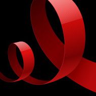 Red fabric glossy curved ribbon on black background N3
