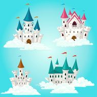 Collection of vector cartoon fairytale castle in clouds
