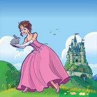 princess holding rabbit with castle vector cartoon