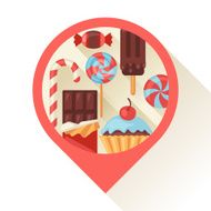 Navigation marker with colorful candy sweets and cakes