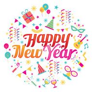 Happy New Year Text with Party Icons
