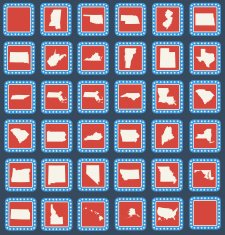 Set of American state map buttons