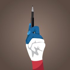 Red white and blue hand holding up pen