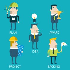 Businessman Cartoon Characters Business and Marketing Idea Steps Icons Set