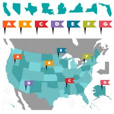 United States map with flag pins