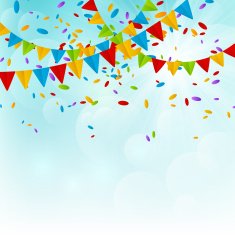 Party flags with color confetti on bly sky