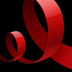 Red fabric glossy curved ribbon on black background N3