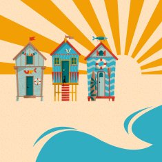 Beach huts with sand sea and sun in the background