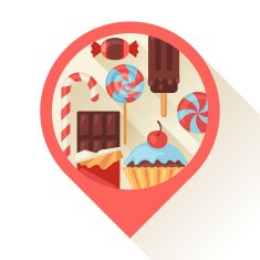 Navigation marker with colorful candy sweets and cakes