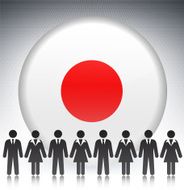 Japan Flag Button with Business Concept Stick Figures N2