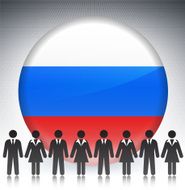 Russia Flag Button with Business Concept Stick Figures N2