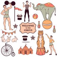 Set of various circus elements people animals and decorations