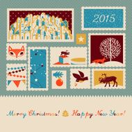 New Year greeting card with postage-stamps