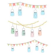 Vector Set of Hanging Glass Jar Lights and Bunting N2