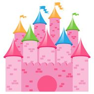 Pink Vector Castle with Multicolored Towers and Flags