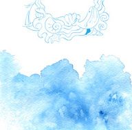 Watercolor abstract sea background with hand drawn sketch