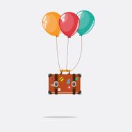 Travel Vintage Suitcase with stickers flying on balloon - vector