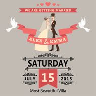 Wedding invitation with cartoon bride and groom Retro style