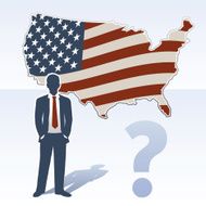 USA map with business man and question mark