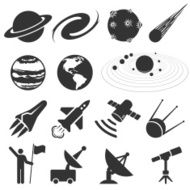 space and astronomy black &amp; white vector icon set