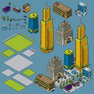 Cartoon Downtown City Kit with Office Buildings Apartments and Trees