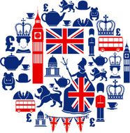 Set of British themed icons in blue and red