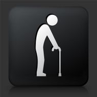 Black Square Button with Elderly Man Holding Cane