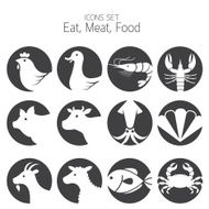 Icons Set Animal Meat Seafood and Eating