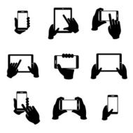 Hands holding phone and tablet vector icons set N2