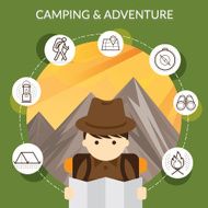 Explorer with Camping Icons and Mountain Background