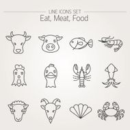 Icons Set Animal Meat Seafood and Eating N3