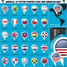 America Pointer Flag Icons with american Map set1