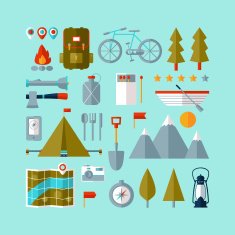 Camping equipment icons set (flat design)