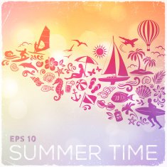 Summer Icons Over Defocused Sunset Background
