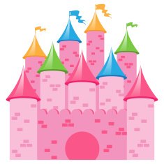 Pink Vector Castle with Multicolored Towers and Flags