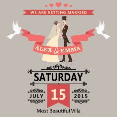Wedding invitation with cartoon bride and groom Retro style